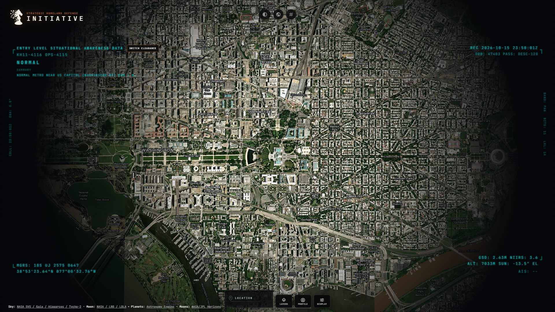 Satellite map of a city with a situational awareness overlay