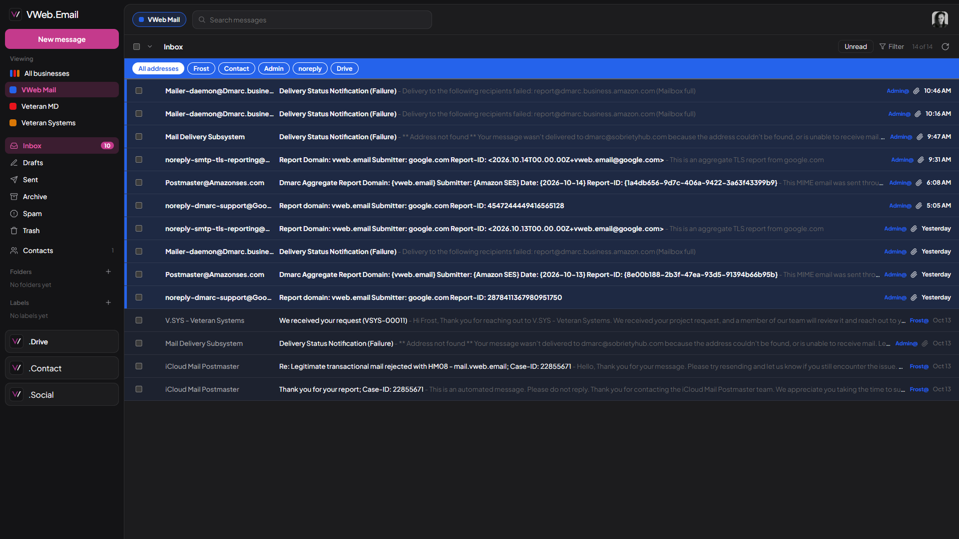 VWEB Email inbox with folders, a message list, and a demo account in the corner